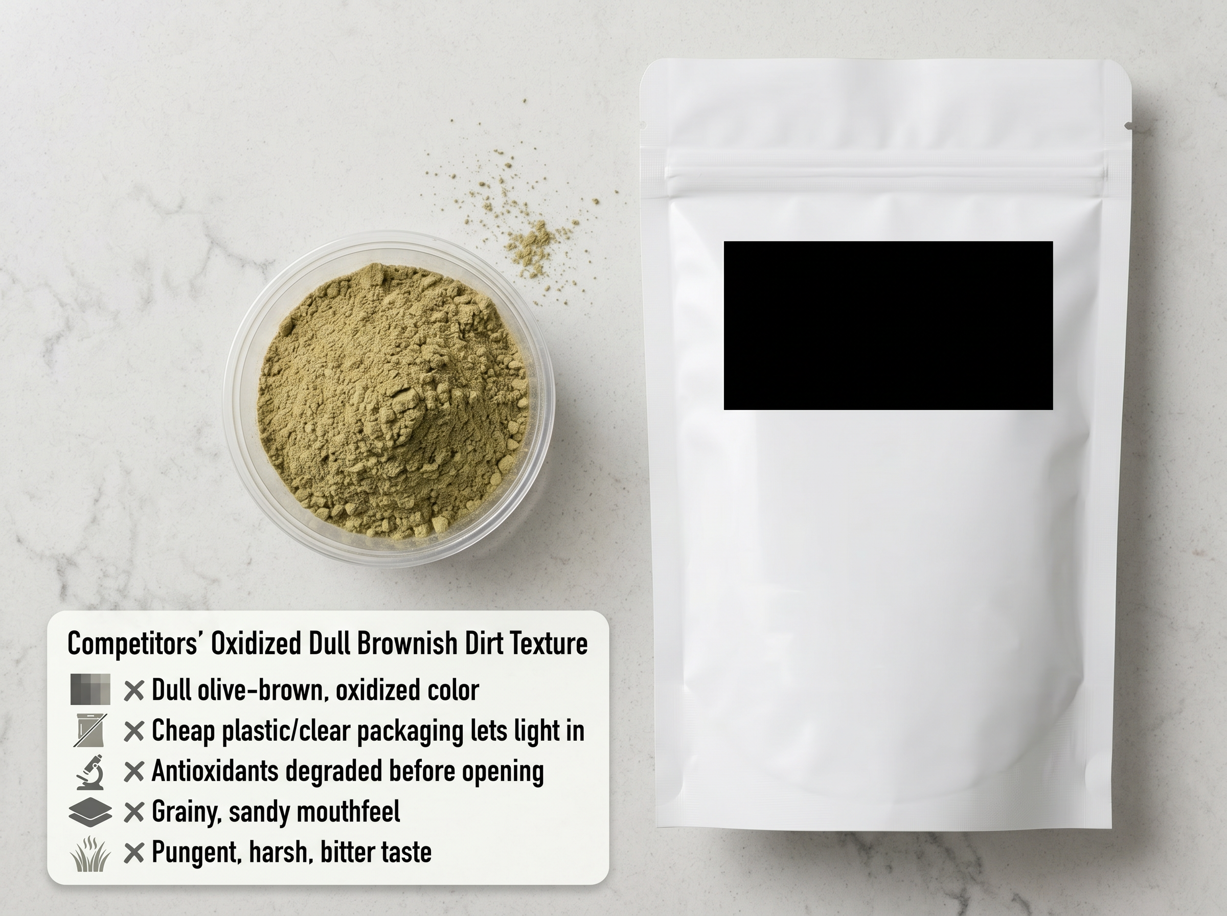 Competitor oxidized dull brownish moringa powder and plain package